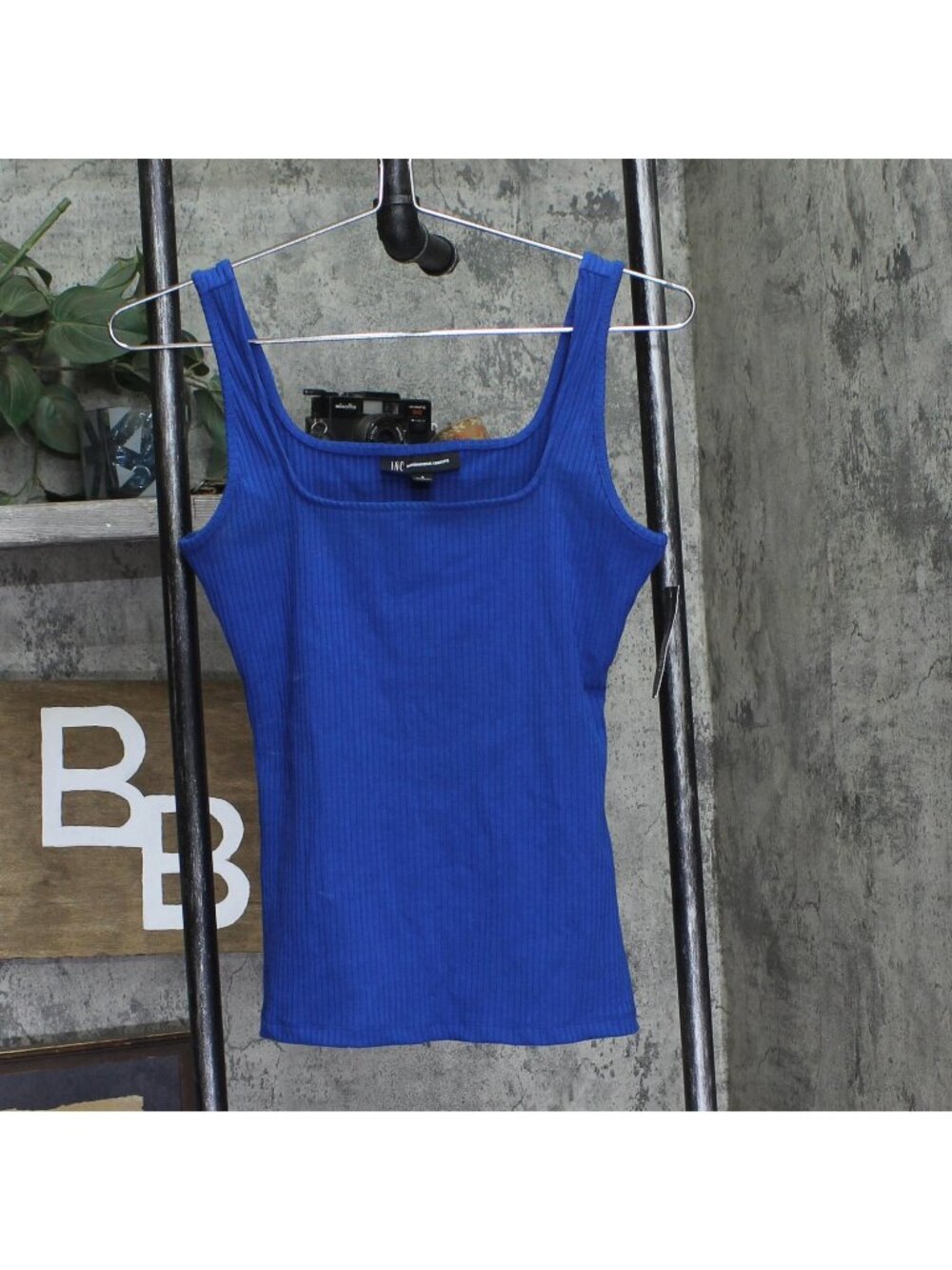 INC International Concepts Womens Knit Square Neck Ribbed Tank Top Marine Blue S